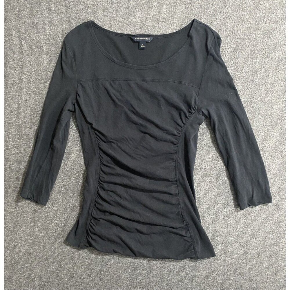 Banana Republic Blouse Top Womens Black Ruffled Neck 3/4 Sleeve Boho Size S